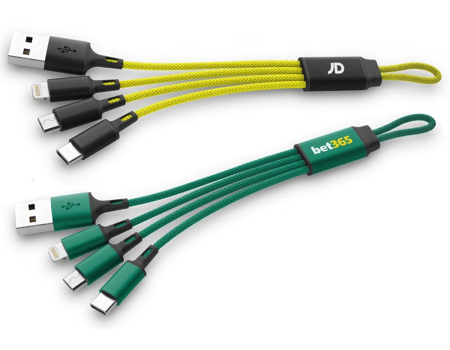 Yellow and green braided 3 in 1 charging cables